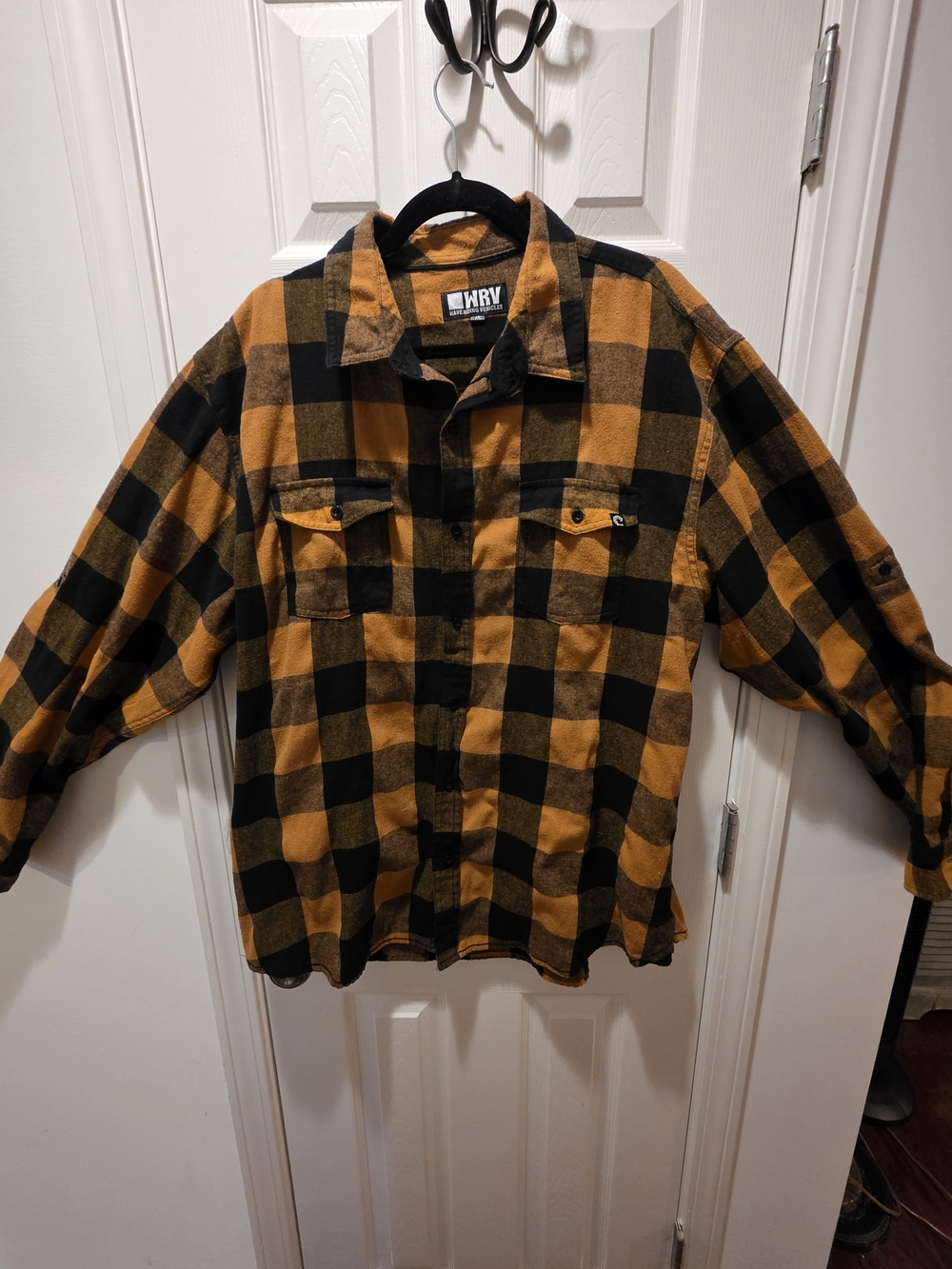 Wave Riding Vehicle Men’s Casual Black and Mustard Plaid Button-Down Shirt